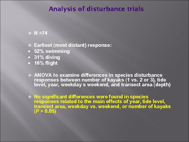 Analysis of disturbance trials v N =74 v Earliest (most distant) response: 52% swimming