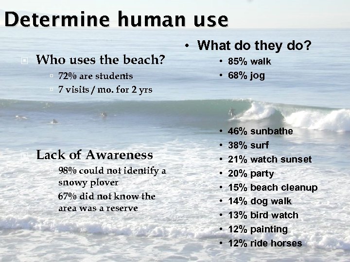 Determine human use Who uses the beach? 72% are students 7 visits / mo.