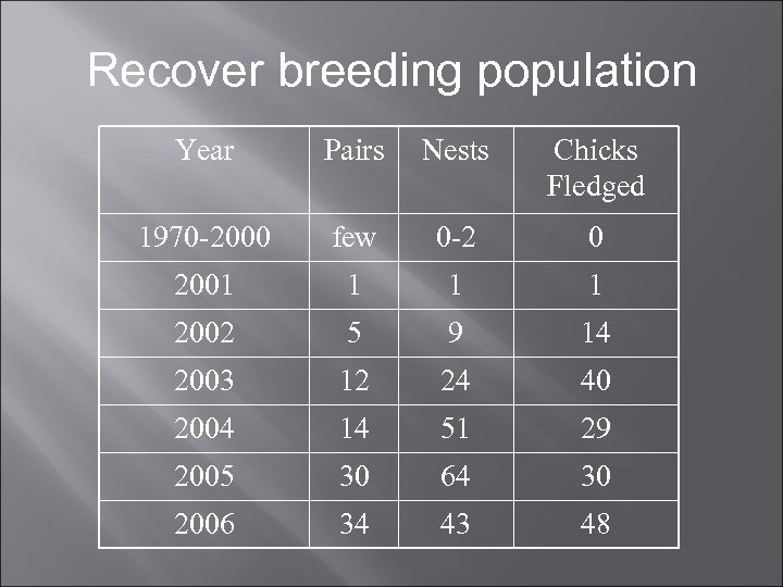 Recover breeding population Year Pairs Nests Chicks Fledged 1970 -2000 few 0 -2 0