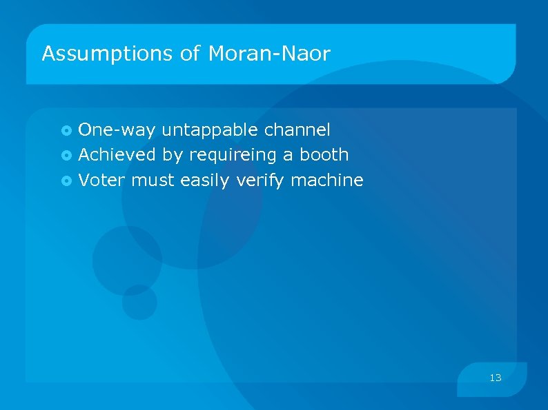 Assumptions of Moran-Naor One-way untappable channel Achieved by requireing a booth Voter must easily