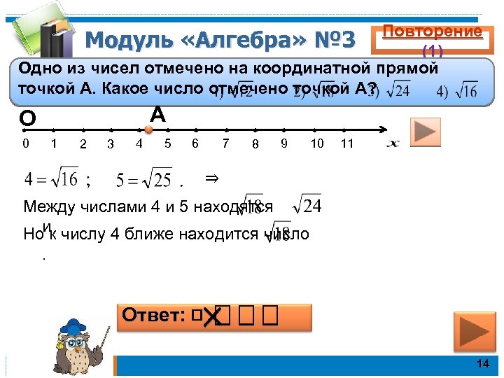 Повторение Модуль «Алгебра» № 3 (1) Одно из чисел отмечено на координатной прямой точкой