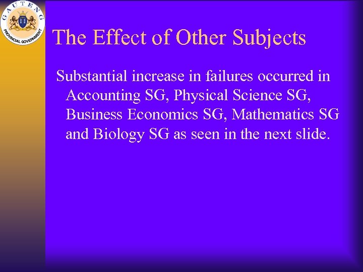 The Effect of Other Subjects Substantial increase in failures occurred in Accounting SG, Physical
