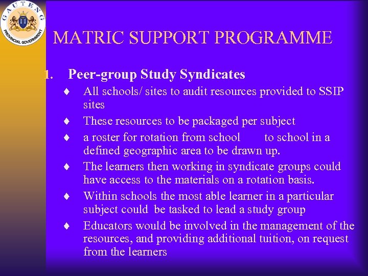 MATRIC SUPPORT PROGRAMME 1. Peer-group Study Syndicates ¨ All schools/ sites to audit resources