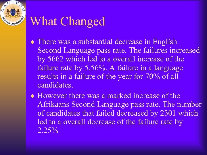 What Changed ¨ There was a substantial decrease in English Second Language pass rate.