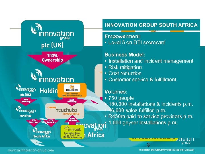 INNOVATION GROUP SOUTH AFRICA Empowerment: • Level 5 on DTI scorecard Business Model: •