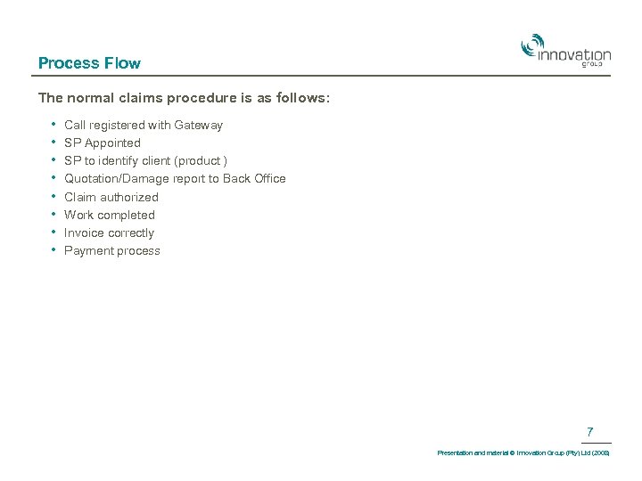 Process Flow The normal claims procedure is as follows: • • Call registered with