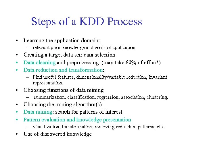 Steps of a KDD Process • Learning the application domain: – relevant prior knowledge