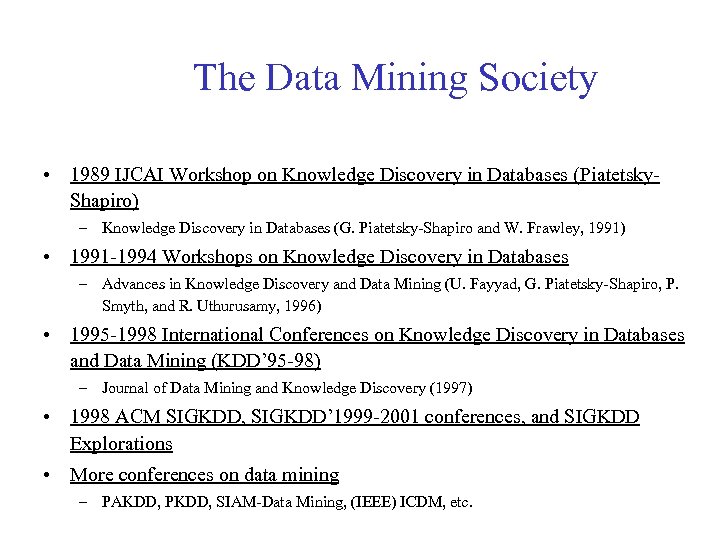 The Data Mining Society • 1989 IJCAI Workshop on Knowledge Discovery in Databases (Piatetsky.