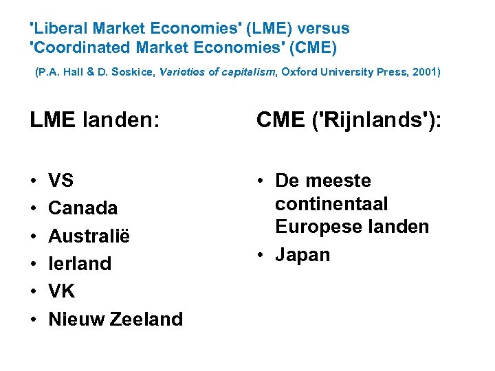 'Liberal Market Economies' (LME) versus 'Coordinated Market Economies' (CME) (P. A. Hall & D.