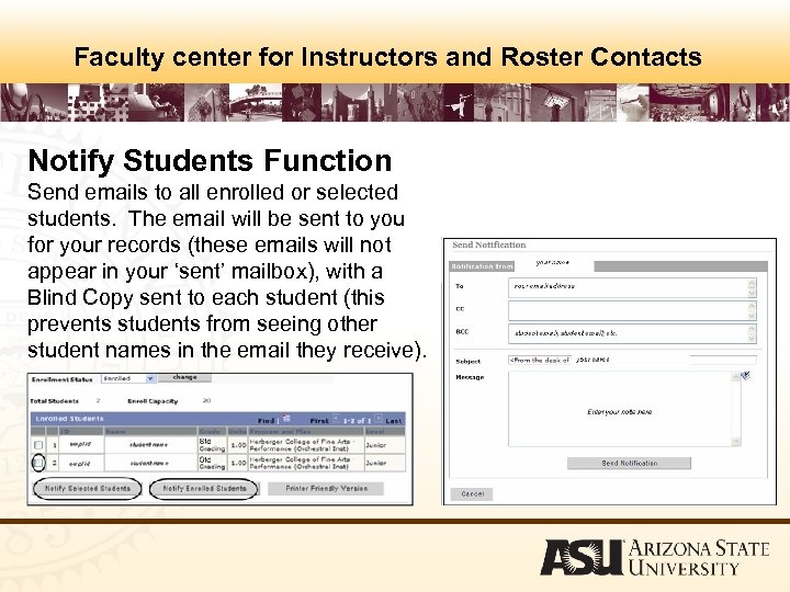 Faculty center for Instructors and Roster Contacts Notify Students Function Send emails to all