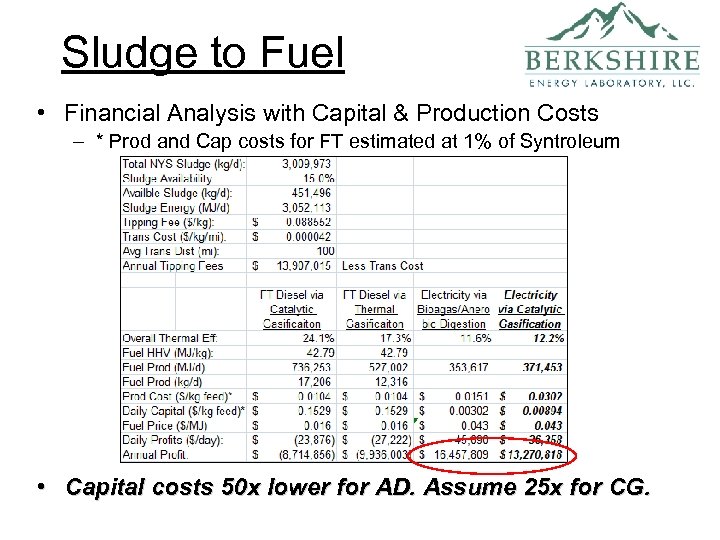 Sludge to Fuel • Financial Analysis with Capital & Production Costs – * Prod