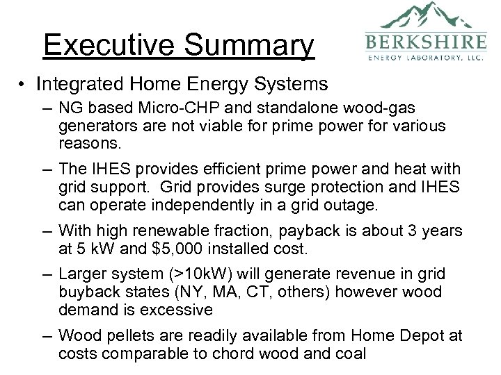 Executive Summary • Integrated Home Energy Systems – NG based Micro-CHP and standalone wood-gas