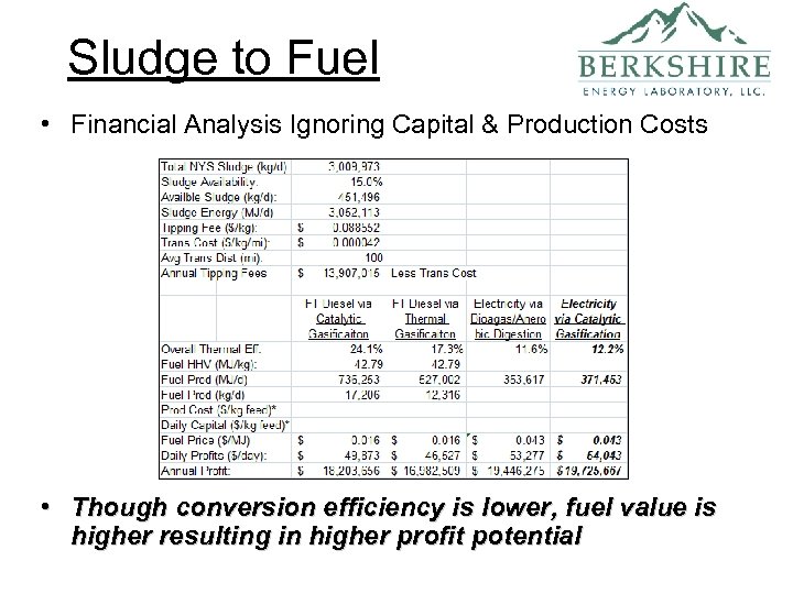 Sludge to Fuel • Financial Analysis Ignoring Capital & Production Costs • Though conversion
