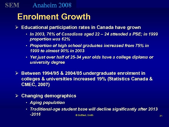 SEM Anaheim 2008 Enrolment Growth Ø Educational participation rates in Canada have grown •