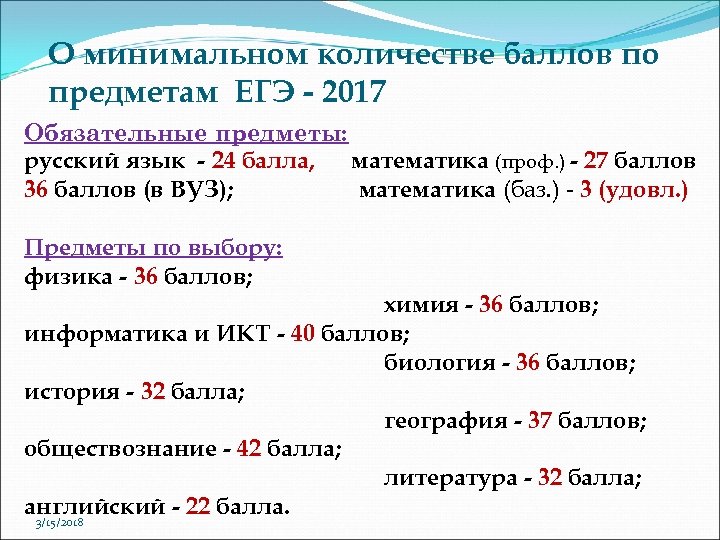 О минимальном количестве баллов по предметам ЕГЭ - 2017 Обязательные предметы: русский язык -