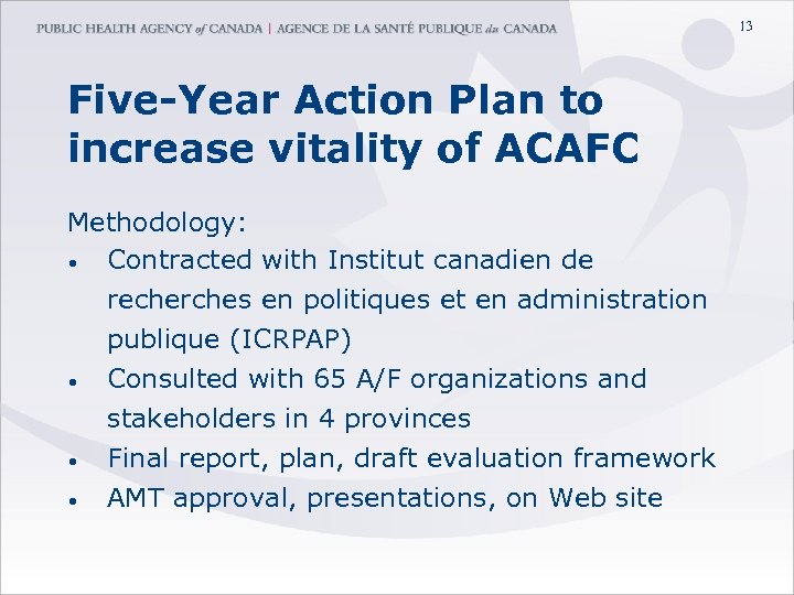 13 Five-Year Action Plan to increase vitality of ACAFC Methodology: • Contracted with Institut