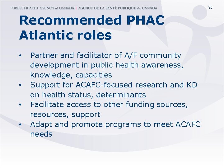 20 Recommended PHAC Atlantic roles • • Partner and facilitator of A/F community development