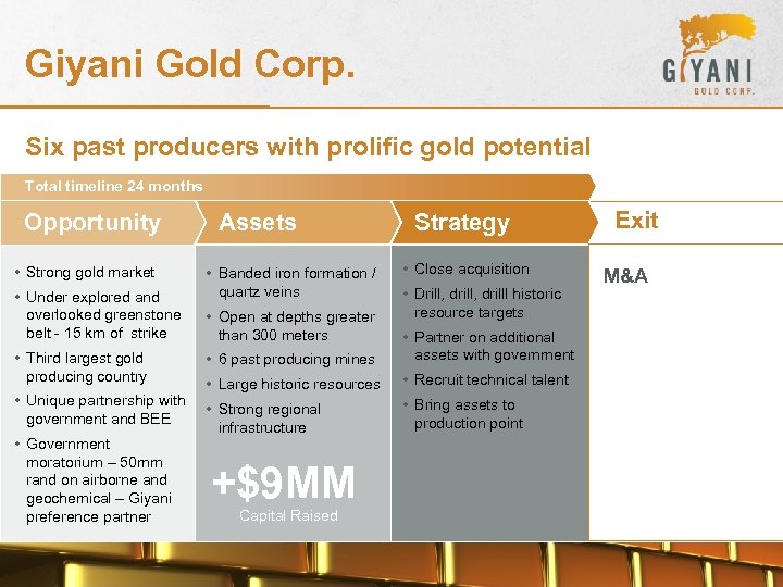 Giyani Gold Corp. Six past producers with prolific gold potential Total timeline 24 months