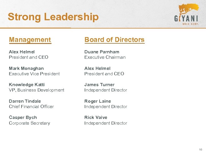 Strong Leadership Management Board of Directors Alex Helmel President and CEO Duane Parnham Executive