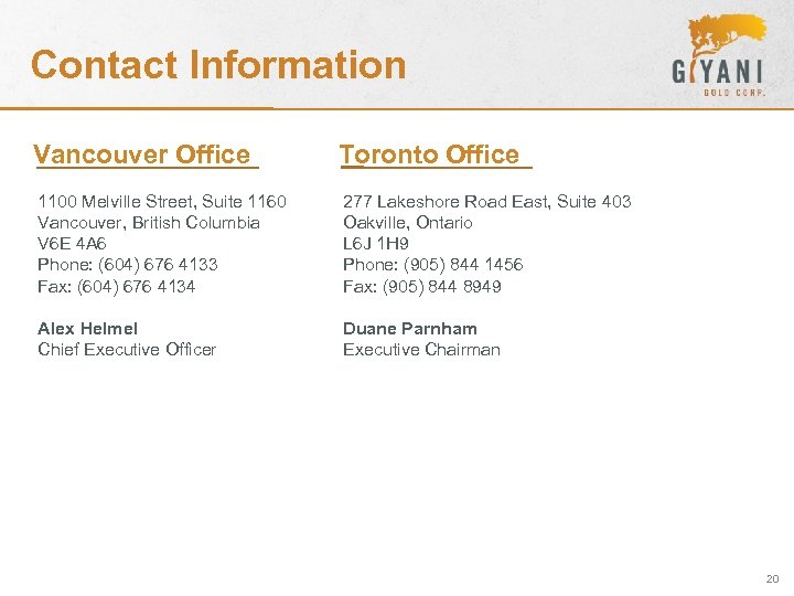 Contact Information Vancouver Office Toronto Office 1100 Melville Street, Suite 1160 Vancouver, British Columbia