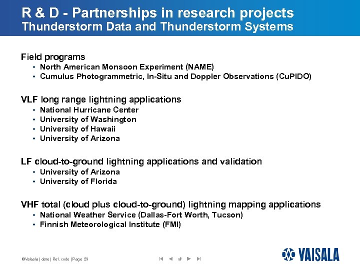 R & D - Partnerships in research projects Thunderstorm Data and Thunderstorm Systems Field