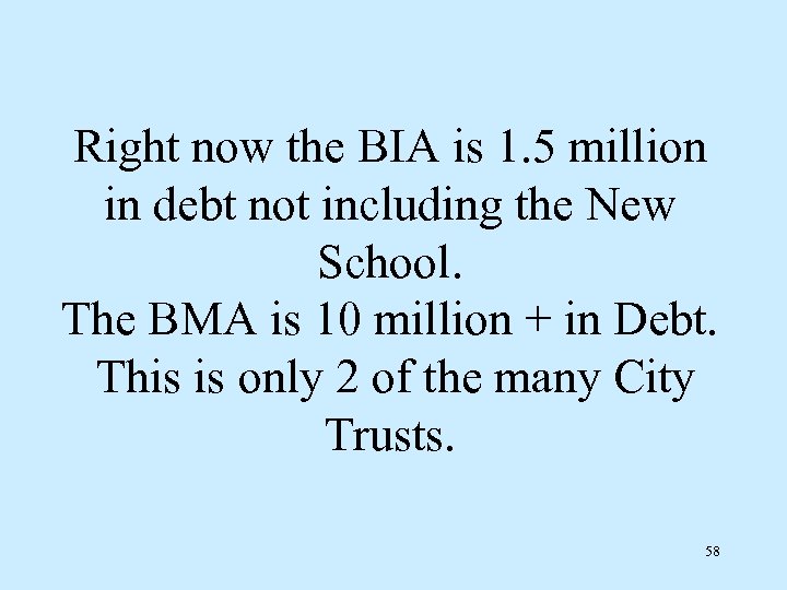 Right now the BIA is 1. 5 million in debt not including the New