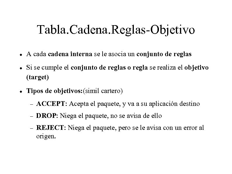 Tabla. Cadena. Reglas-Objetivo A cada cadena interna se le asocia un conjunto de reglas