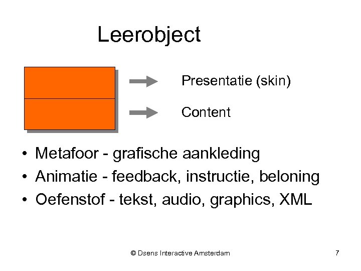 Leerobject Presentatie (skin) Content • Metafoor - grafische aankleding • Animatie - feedback, instructie,