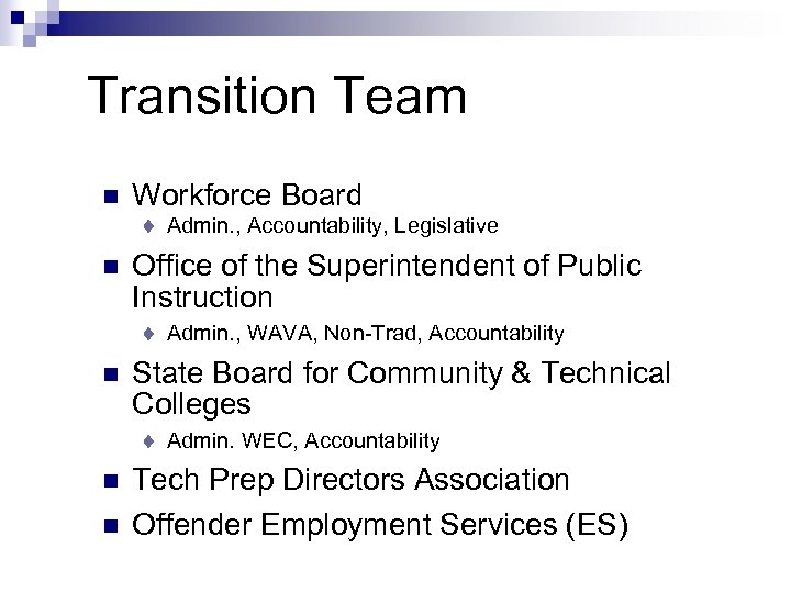 Transition Team n Workforce Board t n Office of the Superintendent of Public Instruction