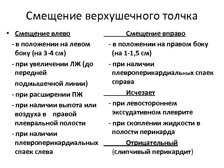 Смещение верхушечного толчка • Смещение влево - в положении на левом боку (на 3