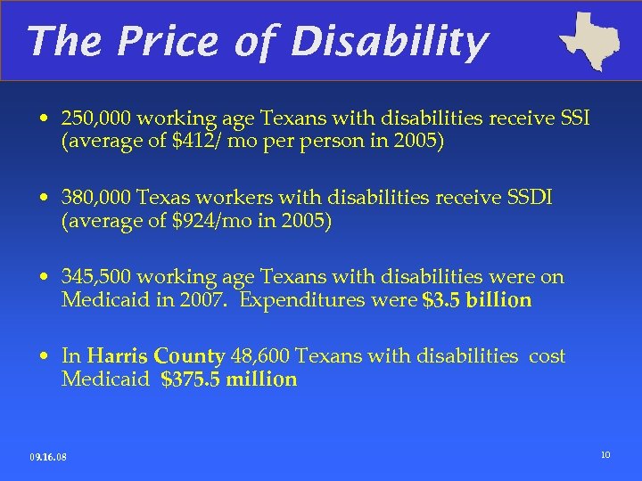 The Price of Disability • 250, 000 working age Texans with disabilities receive SSI