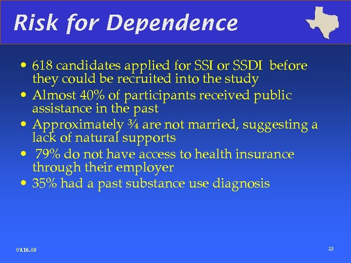 Risk for Dependence • 618 candidates applied for SSI or SSDI before they could