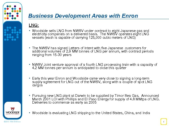 Business Development Areas with Enron LNG: • Woodside sells LNG from NWSV under contract