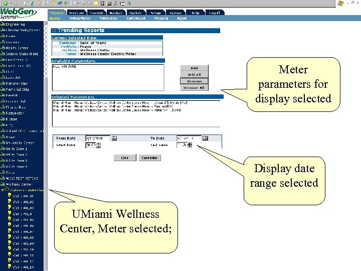 Meter parameters for display selected Display date range selected UMiami Wellness Center, Meter selected;