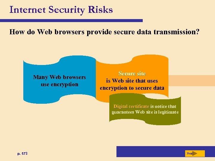 Internet Security Risks How do Web browsers provide secure data transmission? Many Web browsers