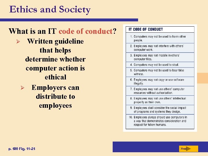 Ethics and Society What is an IT code of conduct? Written guideline that helps