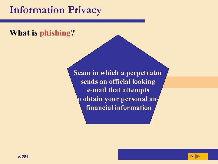 Information Privacy What is phishing? Scam in which a perpetrator sends an official looking