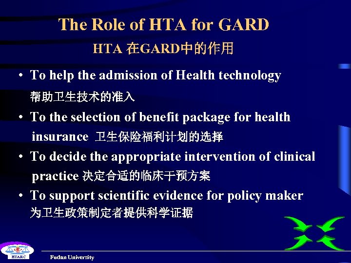 The Role of HTA for GARD HTA 在GARD中的作用 • To help the admission of