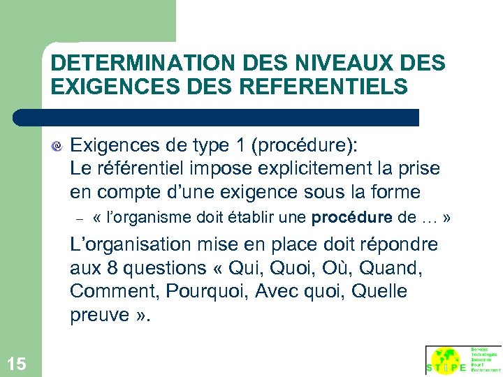 DETERMINATION DES NIVEAUX DES EXIGENCES DES REFERENTIELS Exigences de type 1 (procédure): Le référentiel