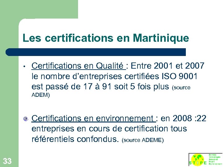 Les certifications en Martinique • Certifications en Qualité : Entre 2001 et 2007 le