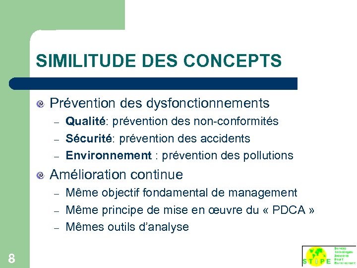 SIMILITUDE DES CONCEPTS Prévention des dysfonctionnements – – – Qualité: prévention des non-conformités Sécurité: