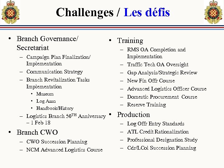 Challenges / Les défis • Branch Governance/ Secretariat – Campaign Plan Finalization/ Implementation –