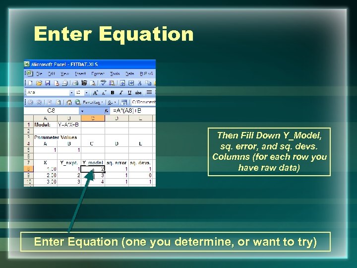 Enter Equation Then Fill Down Y_Model, sq. error, and sq. devs. Columns (for each