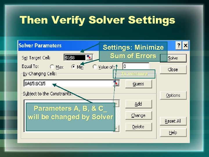 Then Verify Solver Settings: Minimize Sum of Errors To minimize Parameters A, B, &