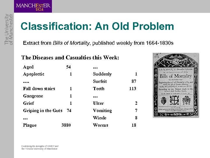Classification: An Old Problem Extract from Bills of Mortality, published weekly from 1664 -1830