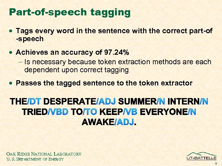 Part-of-speech tagging · Tags every word in the sentence with the correct part-of -speech