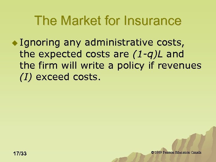 The Market for Insurance u Ignoring any administrative costs, the expected costs are (1