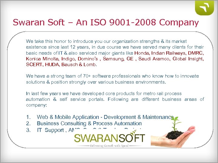 Swaran Soft – An ISO 9001 -2008 Company We take this honor to introduce
