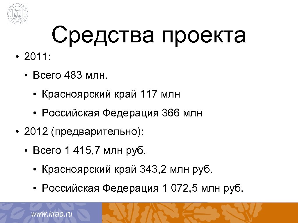 Средства проекта • 2011: • Всего 483 млн. • Красноярский край 117 млн •