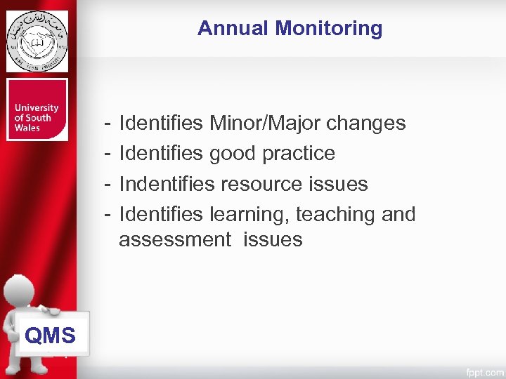 Annual Monitoring - QMS Identifies Minor/Major changes Identifies good practice Indentifies resource issues Identifies